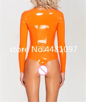100% натуральный латекс ручной работы купальник купальник оранжевый латекс обтягивающие костюмы боди латекс с длинным рукавом одежда XS-XXXL (без молнии)