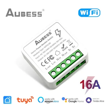 16A WiFi Smart Switch, управление приложением Tuya / Smart Life, 2-позиционный мини-выключатель измерения мощности, для Alexa, Google Home, Yandex Alice