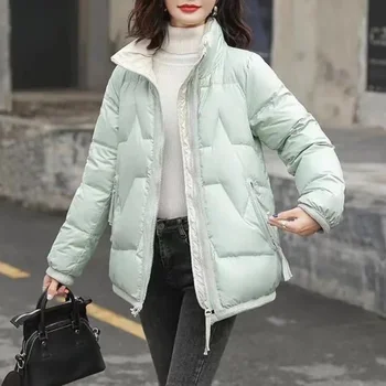 2022 новое зимнее свободное пальто с воротником-стойкой блестящие карманы из чистого хлопка для сохранения тепла женский короткий толстый стиль женский тренд