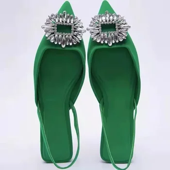 2022 Новые женские туфли с острым носком Неглубокий обнаженный зеленый бриллиант Обувь на низком каблуке сзади Обувь с ремешками Женские сандалии
