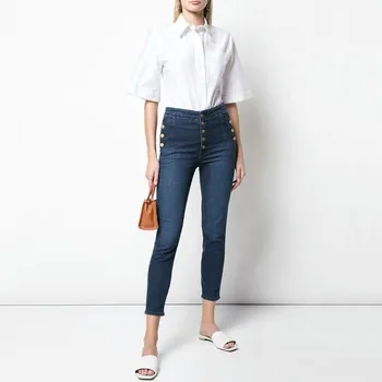 2023 Американские женские эластичные узкие джинсы с высокой талией и ребристыми приталенными синими модными классическими женскими джинсами