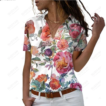 2023 Весна и осень Новая женская рубашка с коротким рукавом Красочный цветок 3D-печатный воротник-поло Пуговица Пригородный топ с коротким рукавом