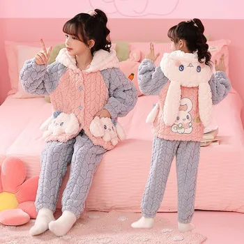 2023 Зима Miniso Детские фланелевые пижамные комплекты Kawaii Аниме Kuromi My Melody Cinnamoroll Pochacco Детские пижамы Девушка Домашняя одежда