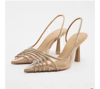 2023 Летние яркие сандалии на высоком каблуке со стразами Женские туфли на тонком каблуке Sexy Transparent High Heels Party Shoes
