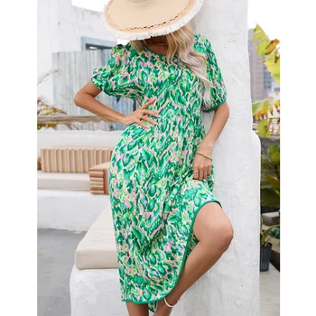 2023 Лето Новый Шикарный Мода Зеленый Принт О-образный вырез Длинное платье миди Повседневный Пляжный отдых Отдых на море