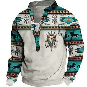 2023 Новая мужская толстовка Пуловер Воротник-стойка Племенной графический принт Повседневная повседневная спортивная 3D-печатная уличная одежда с капюшоном