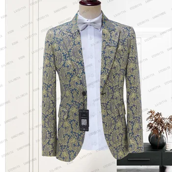 2023 Новейший дизайн Мужской костюм Синий и желтый печатный на заказ Повседневный деловой смокинг Блейзер Свадебная вечеринка Жених Куртка Пальто
