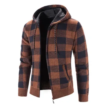2023 Осенний свитер Мужской плюшевый клетчатый цвет Соответствующий кардиган с капюшоном Свободный крой Свитер с длинными рукавами пальто M1072