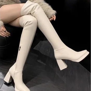 2023 Осень Новые роскошные женские сапоги в стиле ретро выше колена Botas Женские эластичные ботинки с квадратным носком