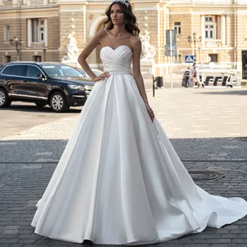 2023 Элегантные свадебные платья A Line Без бретелек Без рукавов С открытой спиной Простые атласные свадебные платья принцессы для женщин Vestidos De Noiva