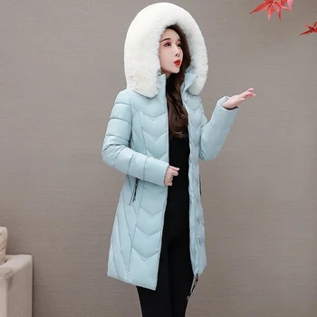 2024 Новая женская зимняя пуховика мода Теплая толстая хлопковая мягкая одежда Корейский свободный длинный большой меховой воротник Пальто с капюшоном R028