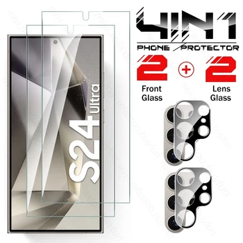 4In1 Защитная Пленка Из Закаленного Стекла Для Экрана Samsung Galaxy S24 Ultra 5G 3D Camera Glass Sansung S 24 Plus S24Ultra Защитное Стекло