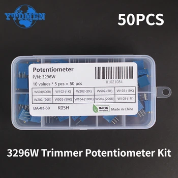 50PCS Триммер Потенциометр 3296 Вт Потенциометр Переменный резистор Комплект 500R 1K 2K 5K 10K 20K 50K 100K 200K 1M Высокая точность
