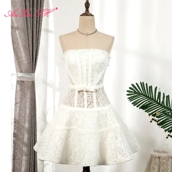 AnXin SH Роскошное принцесса белое цветочное кружевное вечернее платье без бретелек без рукавов иллюзия короткое вечернее платье маленькое белое платье