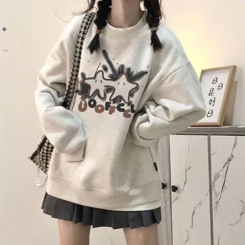 Deeptown Kawaii Cute Star Grey Толстовки Женские пуловеры с длинным рукавом в японском стиле Gyaru Sweet Streetwear Оверсайз Свободные топы