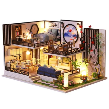 DIY Деревянные кукольные домики Casa Японская комната Миниатюрные строительные наборы Кукольный домик с мебелью Освещение для девочек Рождественские подарки