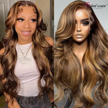  Honey Blonde Highlight Body Wave Wig 100% Человеческие волосы 13x4 Кружевной передний парик для черных женщин Бразильские волосы Реми 150% плотности