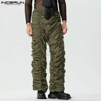 INCERUN Мужские брюки Однотонные джоггеры на шнурке Свободные плиссированные модные брюки Мужская уличная одежда 2023 Повседневные мужские длинные брюки S-5XL