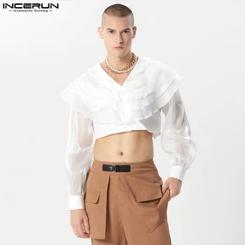 INCERUN Топы 2023 Новый красивый мужской многослойный дизайн Слегка прозрачные тонкие рубашки Сексуальная мужская укороченная блузка с длинными рукавами S-5XL