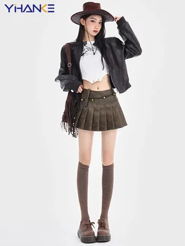 Korea Fashion Retro PU FAUX Leater Мини плиссированная юбка А-силуэта Maillard Gyaru Coquette Harajuku 2000 Dark Academic Y2K