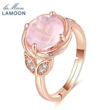 LAMOON- Цветок 9 мм 100% натуральное круглое кольцо из розового розового розового кварца 925 пробы Ювелирные изделия Романтическое обручальное кольцо LMRI016