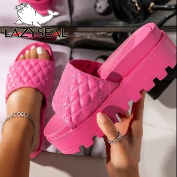 LazySeal 2021 Новая летняя платформа Слайды Женская обувь Клетчатая высота Увеличение нижней части Розовые шлепанцы Кристаллы Тапочки