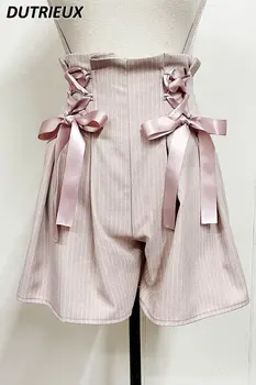 Lolita Cute Slim-Fit Sweet Pink Подтяжки Короткие брюки Женские эластичные шорты с завышенной талией на шнуровке и бантом 2023 Новые весенние летние шорты