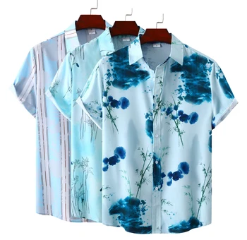 M-3XL Мужская хлопковая полиэстеровая летняя рубашка с коротким рукавом Плюс размер Дышащая гавайская пляжная мужская рубашка Повседневная блузка для мужчин