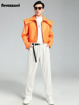 Mauroicardi Весна Осень Красивый Прохладный Короткий Оранжевый Черный Искусственная Кожаная Куртка Мужчины С длинным рукавом Молния Роскошная дизайнерская одежда 2023