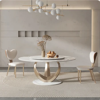 Nordic Light Роскошные кухонные столы с поворотным столом Мебель с рамой из нержавеющей стали Круглый камень Сланец Обеденный стол Мебель