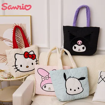 Sanrio Мультяшная хлопковая сумка через плечо Kawaii Hellokitty Melody Kuromi Большая емкость, сумка-тоут для покупок, сумка для подмышек в подарок