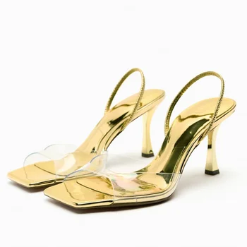 TRAF Женские золотые сандалии Лето 2023 Высокий каблук Мода Прозрачные Слингбэки Элегантные шпильки с открытым носком Удобный квадратный носок