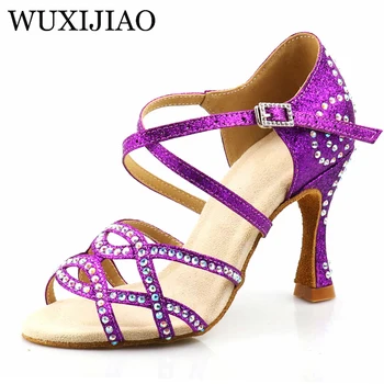 WUXIJIAO Горячий синий/фиолетовый Flash Ткань Женская латиноамериканская танцевальная обувь Обувь для бальных танцев Party Square Dance Обувь Мягкий каблук 7,5 см