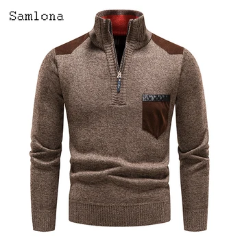 Большие размеры Мужские вязаные свитера Зимние теплые пуловеры Мужские винтажные базовые топ-джемперы 2023 Новый модный свитер с карманом на молнии