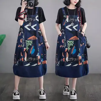 Большой размер Джинсовое платье с ремешком Женщины 2024 Весна Осень Новый Свободный Повседневный Модный Универсальный Принт Джинсы Vestidos Комбинезон Z4631