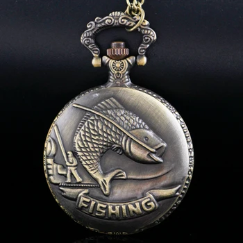 Бронзовые кварцевые карманные часы для соревнований по рыбной ловле Стимпанк Цепные часы Винтажный кулон Ожерелье Лучший подарок для мужчин и женщин