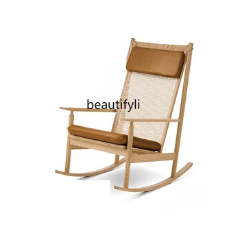 Датское кресло-качалка из массива дерева Балкон Гостиная Кресло для сна Дизайнер Модель спинки стула для отдыха Винтажный стул из ротанга