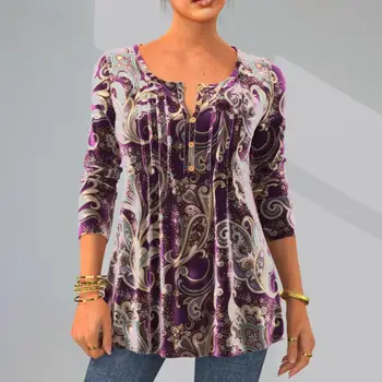 Женские топы с круглым вырезом и длинными рукавами Винтажная блузка с принтом и длинным рукавом A-силуэта для женщин Мягкая футболка-пуловер с круглым вырезом посередине