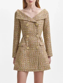 Женское мини-платье 2023 Новый твид Золотые пуговицы с открытыми плечами Сплошной цвет Sloim Элегантные сексуальные халаты с длинным рукавом