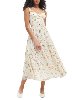 Женское многоуровневое длинное платье Летнее платье без рукавов с вырезом в форме сердца с цветочным принтом Струящееся пляжное платье для повседневного повседневного