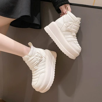 Зимние сапоги для женщин Сапоги-Женская женская обувь на плоском каблуке Зимняя обувь с круглым носком 2023 Высокий каблук Дамы Лолита Белый