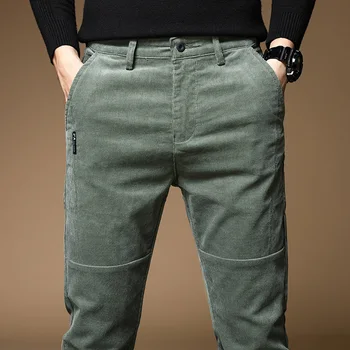 Зимние флисовые теплые вельветовые мужские брюки толстые повседневные деловые модные эластичные брюки с прямыми штанинами бархатные черные серые брюки мужские