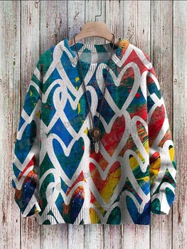 Зимний унисекс повседневный вязаный пуловер свитер ЛГБТ радужное сердце любовь искусство шаблон 3D-печатные трикотажные свитера с круглым вырезом KMY24