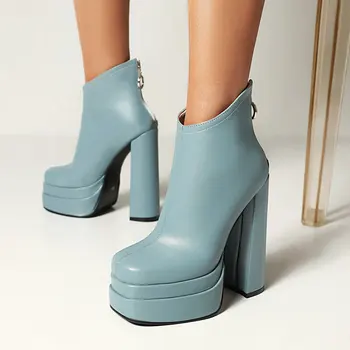 зрелые небесно-голубые туфли женщина зима теплая мода коренастые сапоги платформа блок супер высокие каблуки лодыжки челси сапоги плюс размер 46 12