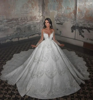 Изящные бисерные бисерные блестки с V-образным вырезом свадебные платья принцессы с длинными рукавами свадебные платья на заказ Vestidos de Novia
