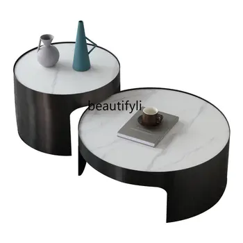 креативный журнальный столик с каменной плитой Простая маленькая квартира Дом Мраморный круглый чайный стол Гостиная