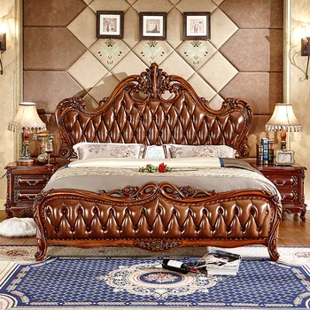 кровать из натуральной кожи в европейском стиле, индивидуальные резные кровати из массива дерева
