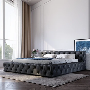 Легкая роскошная минималистичная кожаная кровать с пряжкой первого слоя воловьей кожи, современная свадебная кровать с двойной обивкой в простом стиле