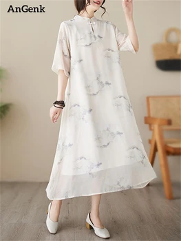 летнее винтажное платье с принтом в китайском стиле для женщин 2023 Повседневное длинное дышащее платье Женский халат Офисная леди Элегантная одежда