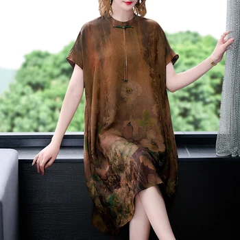 Летняя мода Легкое цветочное платье миди из натурального шелка Женщины Корейское винтажное повседневное платье 2023 Элегантное свободное платье больших размеров Wasit